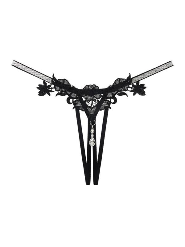 Women's Floral Embroidery Rhinestones Decor Sexy Thong, Sexy Comfy Contrast Lace Panty for Daily Wear, Women's Knicker for All Seasons